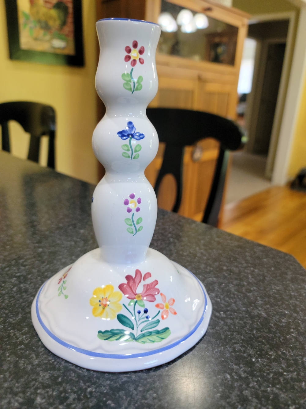Herend Village Pottery candlestick holder hand-painted floral bouquet design.